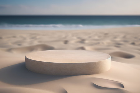 3d render of a round podium on the sand of the beach.の素材