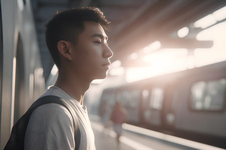 Young Asian man waiting for the train in the platform of the station.の素材