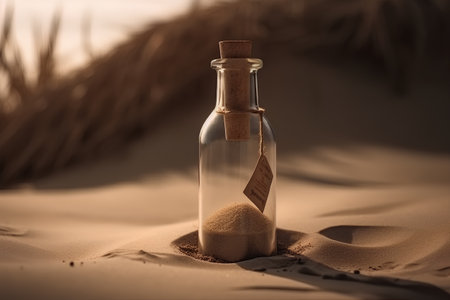 Message in a bottle on the beach with sand dunes and strawの素材