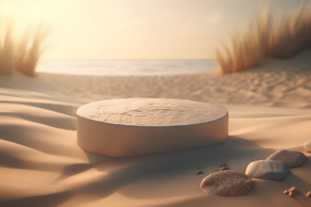 3d render of podium in the desert with sand and sea backgroundの素材