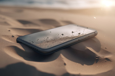 Smartphone on the sand in the desert. Close-up.の素材