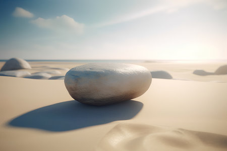 Zen stone on the beach with sea and sky. 3d renderingの素材