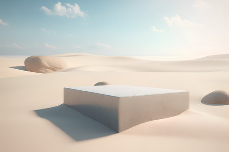 3d render of white podium in the desert with sand dunesの素材