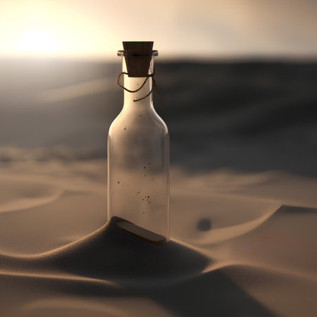 Message in a bottle in the desert, 3d render illustration.の素材