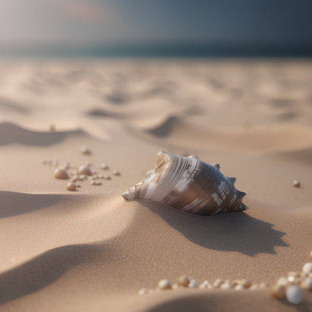 Seashell on the beach at sunset. 3d illustration.の素材