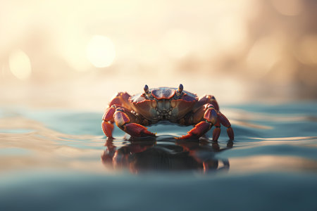 Closeup of a red rock crab on the water surface with blurred backgroundの素材