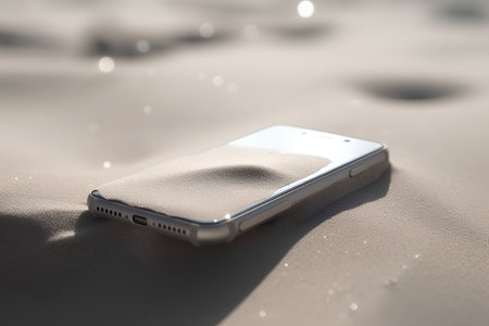 Mobile phone on sand in the desert. 3d render illustration.の素材