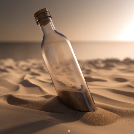 Message in a bottle on the beach. 3D illustration. Toned.の素材