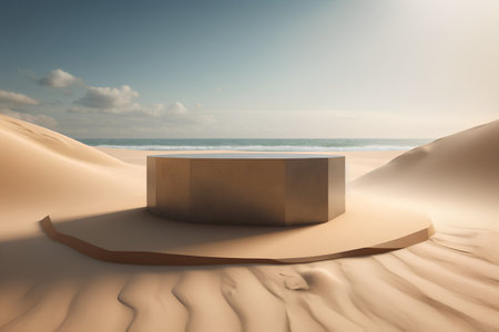 3d render of podium in the desert with sand and blue skyの素材