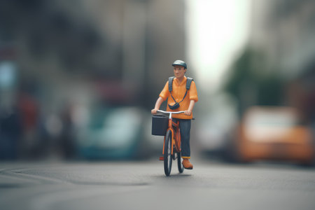 Miniature people : Cyclist standing on the road with blur backgroundの素材