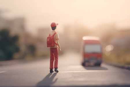 Miniature delivery man standing on the road with red truck background.の素材