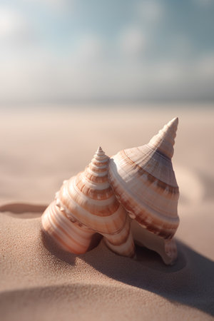 Two seashells on the sandy beach. Close-up.の素材