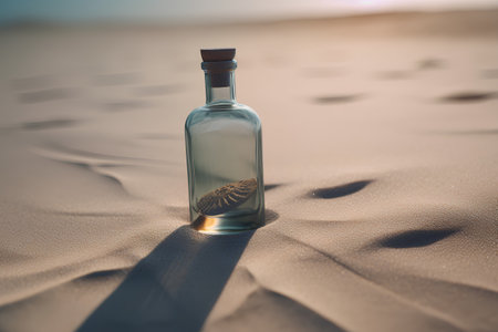 Message in a bottle on the sand. Conceptual image. Vintage style.の素材