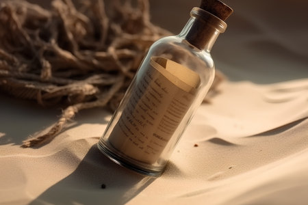 Message in a bottle on the sand with a straw in the backgroundの素材
