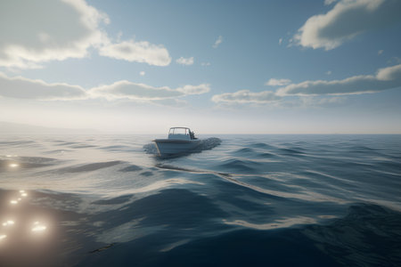 3D render of a boat floating in the sea at sunset.の素材