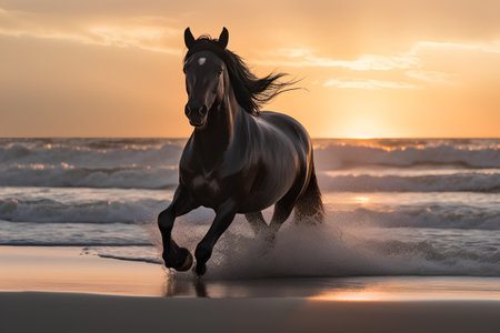 Black horse galloping on the beach at sunset, 3d renderの素材