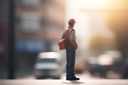 Silhouette of a man in a red cap with a briefcase in his hand on the background of the cityの素材