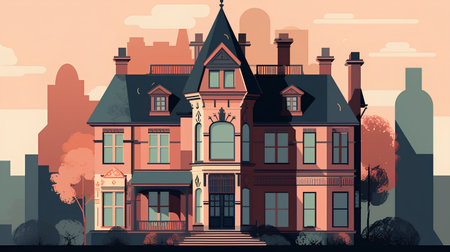Vector illustration of a beautiful old house in the city at sunset.の素材