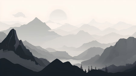 Mountains in the mist. Landscape with mountains. Vector illustration.の素材