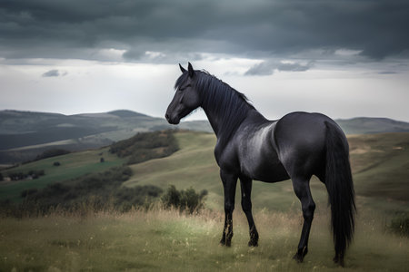 Black stallion in the meadow. Dramatic stormy sky.の素材