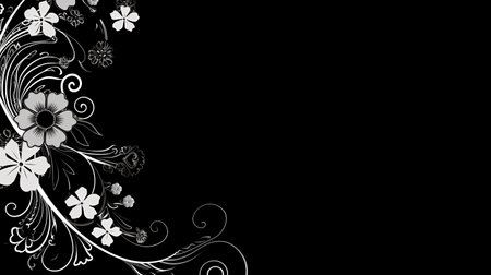 Floral background with butterflies and flowers in black and white colors.の素材