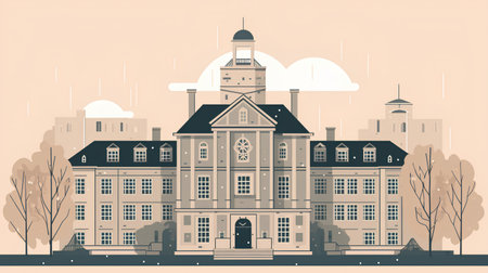 Vector illustration of an old school building in the city. Flat style.の素材
