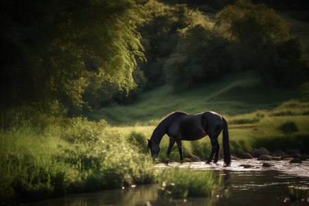 Horse on the bank of a small river in the forest.の素材