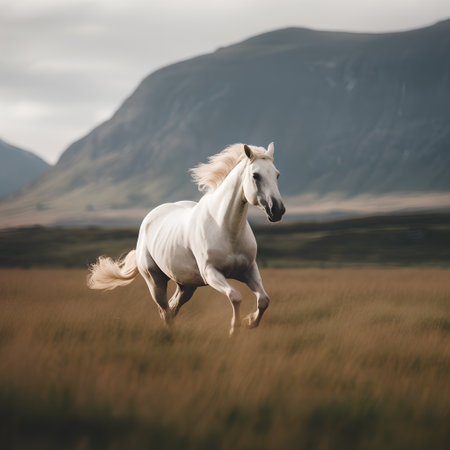 Beautiful white horse galloping in the field at sunset in Icelandの素材