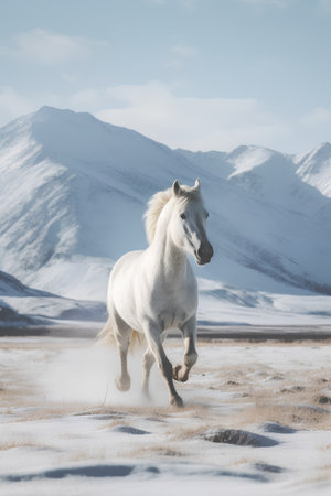 White horse gallops in winter landscape. Snowy mountain background.の素材