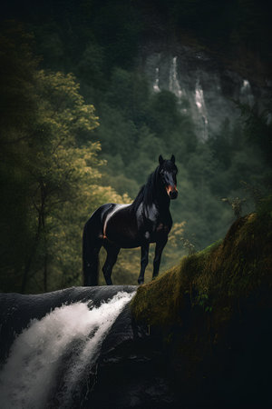 Black horse standing on the edge of a waterfall in the forest.の素材