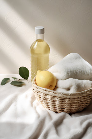 Lemon in a wicker basket on a white background with a bottle of olive oil and towelsの素材