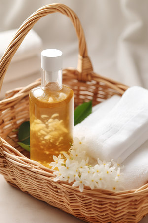 Spa setting with aroma oil and towel in basket on white backgroundの素材