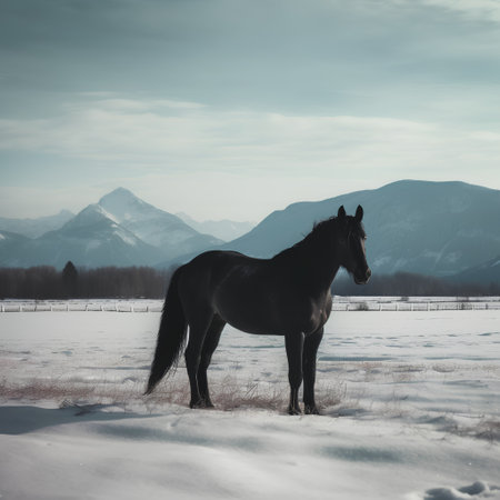 Black horse in winter landscape. Filtered image processed vintage effect.の素材