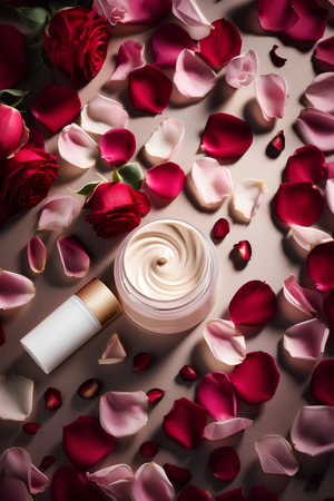 Cosmetic cream with rose petals on a beige background.の素材