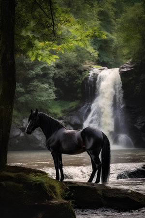 Black horse standing in front of a waterfall on a rock in the forestの素材