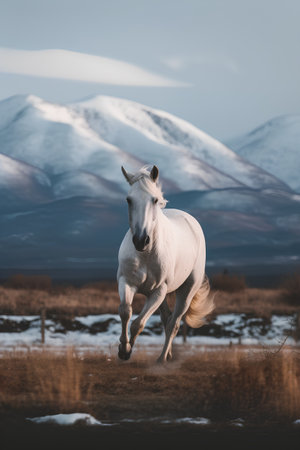 White horse galloping in the field with mountains in the background.の素材