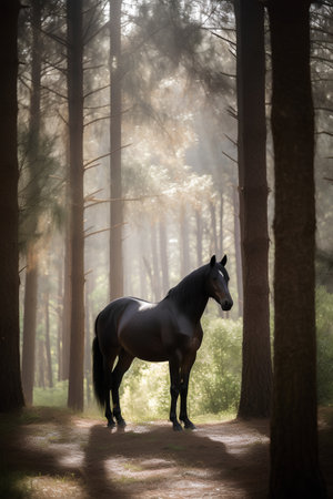 Horse in the pine forest in the rays of the morning sunの素材