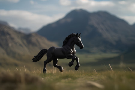 Horse on the meadow with mountains in the background, 3d renderの素材