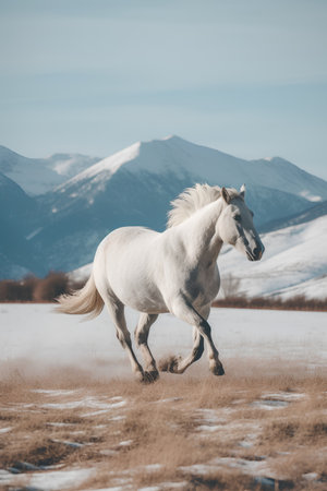 White horse galloping in winter field with mountains in the background.の素材