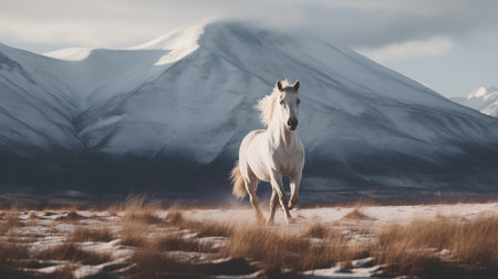 White horse in winter landscape of Iceland, Europe. Beautiful Icelandic horse with long mane.の素材