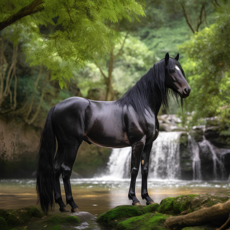 Black horse in front of a waterfall in the forest, vintage styleの素材