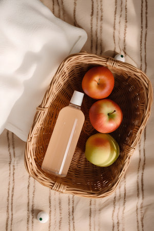 Bottle of apple juice and apples in a basket on a striped blanketの素材