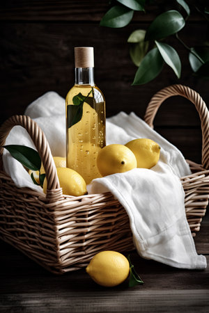 Lemonade in a bottle and fresh lemons in a basket on a wooden backgroundの素材