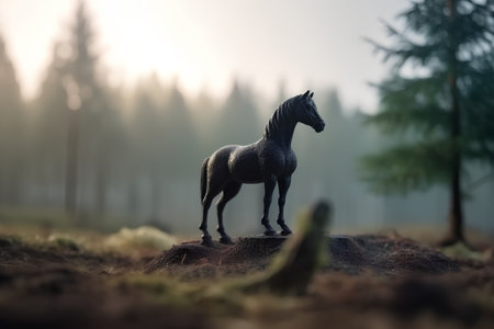 Horse in the foggy forest at sunrise. 3D renderingの素材