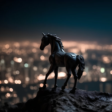 Horse statue on top of a rock against the backdrop of the night cityの素材