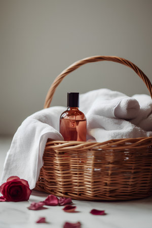 Spa still life with a basket of towels and a bottle of perfumeの素材