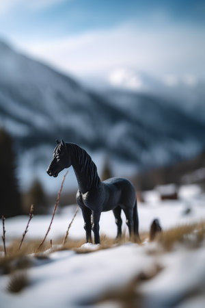 Black horse standing on snow in the mountains. Winter landscape with horseの素材