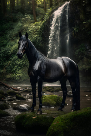 Black horse standing in front of a waterfall in the forest. 3d renderingの素材