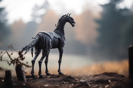 Fantasy image of a black horse standing in the middle of a forestの素材