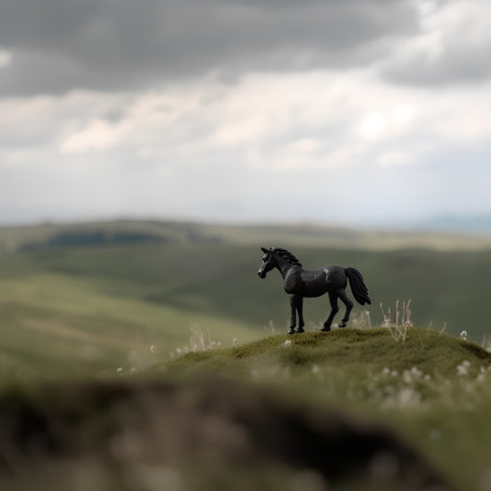 Horse figurine standing on a green hill with dramatic sky backgroundの素材